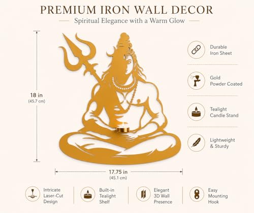 Image of Shiva Wall Decor with Tealight Candle Holder | Gold Powder Coated Iron Wall Art | Metal Wall Hanging for Living Room, Bedroom, Mandir & Home Decoration | 17.75 x 18 Inch