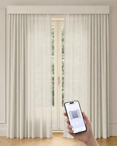 Image of Graywind Motorized Curtains with Track, Light Filtering Smart Curtains, Hardwired Curtains Works with Alexa Google Home Remote Control for Large Windows, Custom Drapes Up to 207 inch, Linear Wool (White)