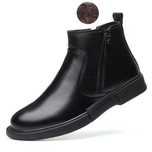Image of Myallfeet Men's Leather Flat Bottom Side Zippered Chukka Leather Boots Classic Fashion Mid Top Work Business Boots Comfortable And Non Slip Chelsea Dress Boots