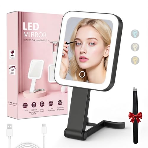 Travel Mirror with Lights, Rechargeable Magnifying Mirror 10X/1X Double-Sided, 3 Color Lighting, Smart Touch Dimming, Precision Tweezers, Lighted Makeup Mirror for Desk, Trip, Office (10.3'x5.2')
