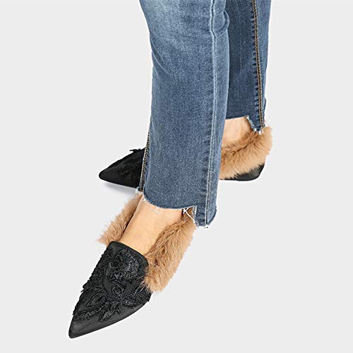 Fericzot Slip On Loafers Womens Embroidery Mule Shoes with Plush Lamb Fur Velvet Slippers Backless Pointed Toe Mule Slides4