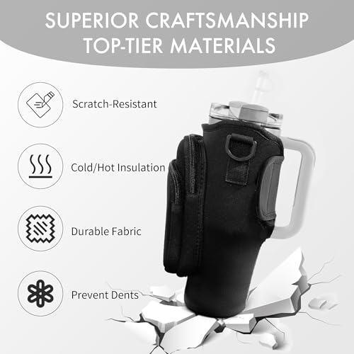 Image of Water Bottle Carrier Bag with Phone Pocket for Stanley Cup 40 /30 oz, Water Bottle Holder with Adjustable Strap& Straw Cover, Stanley Cup Accessories (Black)