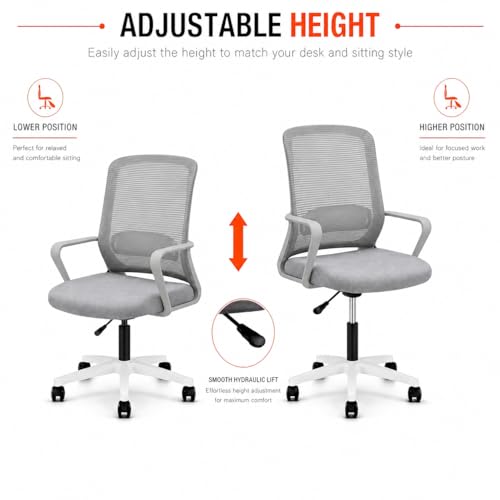 Image of Office Arm Chair with Frame, Mesh Back, Nylon Base, and Adjustable Handle, Cushion Fabric (Robo Chair-Grey)