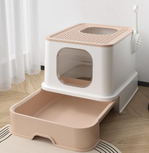 猫用トイレ本体 大容量 大型 砂の飛び散り防止 掃除簡単 脱臭抗菌 組み立てしやすい 引き出し付き おしゃれ 人気 (ピンク)