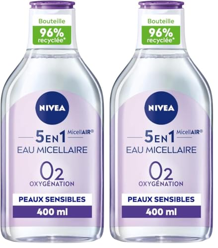 NIVEA Eau Micellaire APAISANTE Peaux Sensibles (1 x 400 ml), démaquillant enrichi aux micelles et acides animés sans parfum, nettoyant visage pour yeux &...