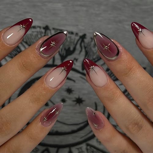 LunarCharm 24 pièces de faux ongles en amande courte, couverture complète, ensemble d'ongles en acrylique, nail art 3D avec motif étoilé pour manucure des femmes