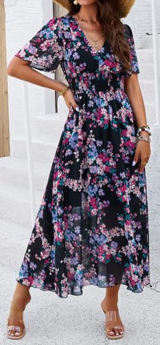 Image of Sister Amy Women's Boho Floral Print Square Neck Beach Party Flowy Ruffle Midi Dress