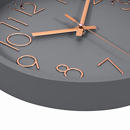 Foxtop Silent Non-Ticking Round Modern Quartz Decorative Battery Operated Wall Clock for Living Room Bedroom Kids Room Office School (Grey Rose Gold, 12 inch) - Image 5