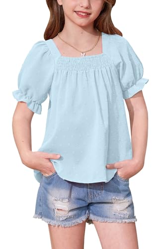 Image of BesserBay Girls Summer Puff Short Sleeve Square Neck Tee Shirts Ruffle Smocked Blouses Cute Swiss Dot Tops 5-14 Years