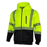 QELIN High Visibility Safety Sweatshirt ANSI Class 3 Reflective Work Fleece Hi Vis Hoodies Zipper Jacket Yellow