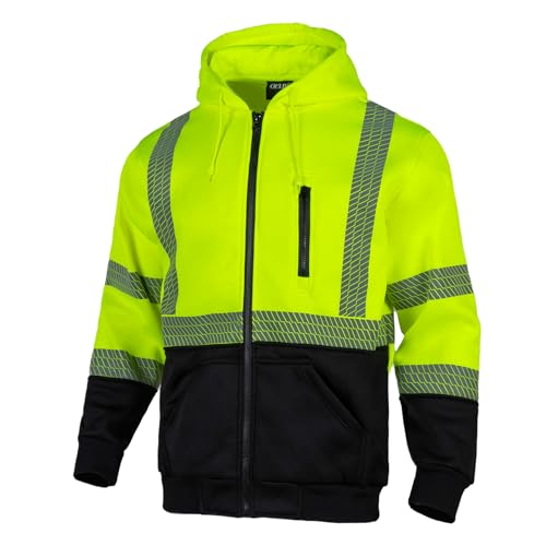 QELIN High Visibility Safety Sweatshirt ANSI Class 3 Reflective Work Fleece Hi Vis Hoodies Zipper Jacket Yellow