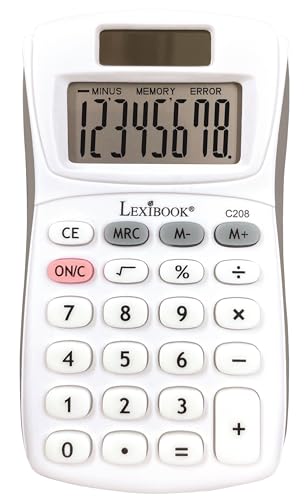 Lexibook - Calculatrice de Poche 8 Chiffres - Fonction Basiques et mémoire - Touches en Silicone pour Bureau, Scolaire, Maison - Solaire & Piles - Blanche/Grise - C208LXB