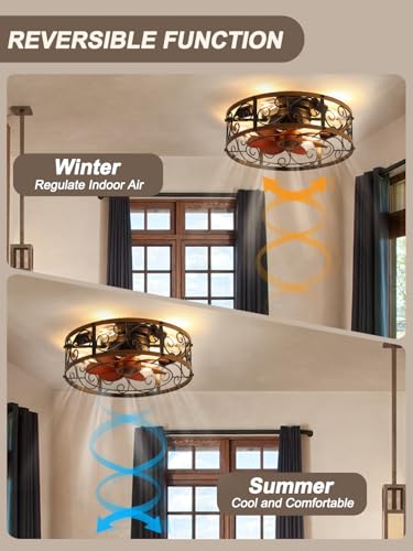 Image of 18 Inch Caged Ceiling Fan with Lights, Farmhouse Rustic Bladeless