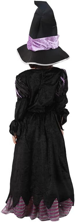 Miniatura 4 de Disfraces de bruja de Halloween para niñas, vestido de Halloween para niños, sombrero de bruja, escoba, bolsa de dulces de Halloween para fiesta (M,