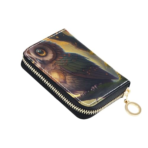 RFID Blocking Credit Card Wallets Womens Wallet Zip Around Small Zipper Change Purse with Key Ring Mystical Owl Vintage Art