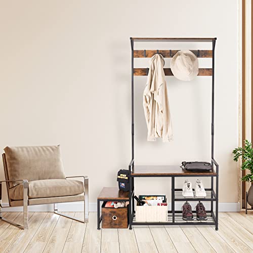 Homekoko Coat Rack Shoe Bench, Hall Tree Entryway With Sitting Bench, Wood Look Accent Furniture With Metal Frame, 4-In-1 Design (Rustic Brown) #TOP1