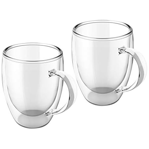 ShawFly 2 Pack Double Insulated Coffee Glass Cup, Clear Glass Mugs, Cold Drink Juice Glass Water Cup Creative Drink Milk Wine, Coffee, Iced Teas and Cocktails Cup(with Handle,350ml) Cover