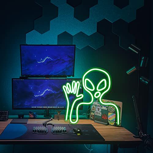 Green Alien Neon Signs Hello Alien Neon Light Cool Alien LED Sign for Bedroom Wall Decor, Gameroom, Club, Man Cave, Bar, Dormitory, Halloween Decoration (13x12.6 inch) - Thumbnail 6