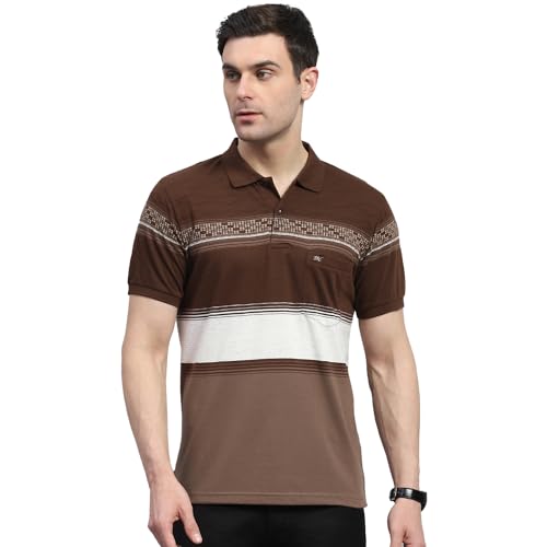 Image of Monte Carlo Mens Striped Polo Collar Half Sleeve Cotton Blend Casual T-Shirt (224064162)