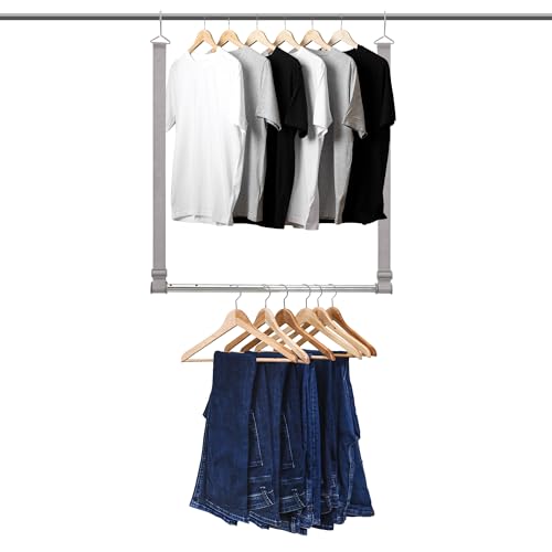 STORAGEIDEAS Hanging Closet Rod, 17-28In Adjustable Width and Up to 32In Height Adjustable Closet Extender, Double Closet Rod Hanging Bar, Space-Saving Tension Organizer, Webbing, 1 Pack