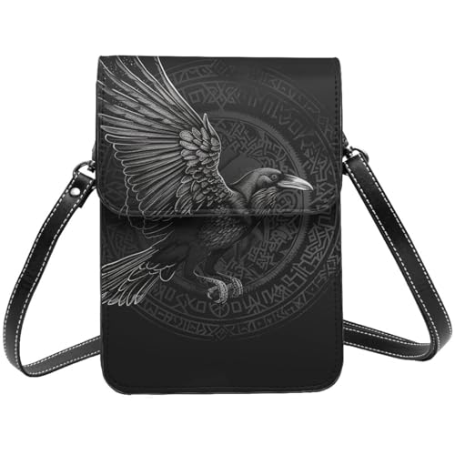 Crow raven celtic viking design gothic black crossbody cell phone purse for womens lightweight small soft leather fashion travel wallet with adjustable strap2