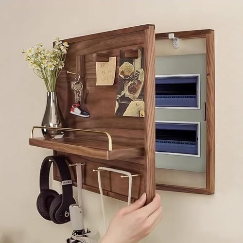 Farmhouse Wooden Electric Panel Cover, Wall-Mounted Breaker Box with Hooks & Shelf, Decorative Hidden Circuit Breaker Cover for Kitchen (21.6" x 17.7")