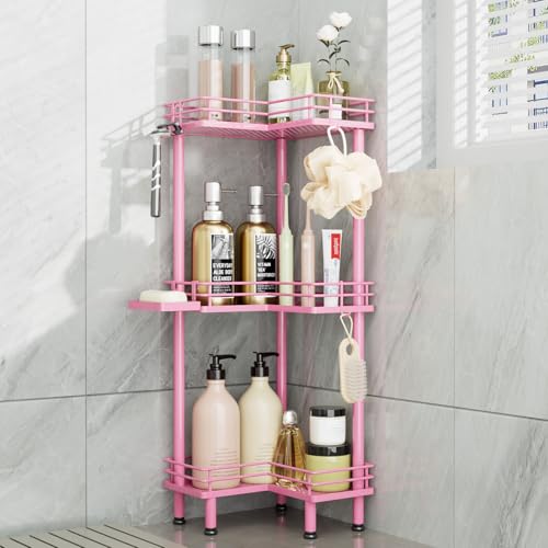Image of Consumest Corner Shower Caddy Standing - 3-Tier Stainless Steel Shower Organizer with Soap Holder and 4 Hooks, Large Capacity Corner Shelf Stand for Bathroom, Rest Room, Pink