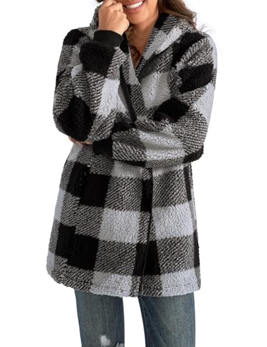 ABINGOO Damen Teddy Fleece Mantel Kariert Warm Winterjacke Kapuzenjacke Flauschig Plüschjacke Reißverschluss Sweatshirt mit Kapuze und Taschen(Schwarz,M)