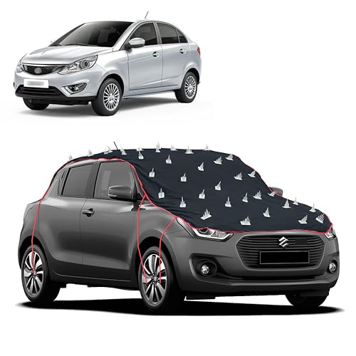 Image of Dog Protection Spike Car Cover for Tata Zest Bonnet to Roof Easy Installation with 4 Elastic Hook Strap | Anti-Scratch Soft Cotton Inner | Complete Protection from Street Dogs & Monkeys