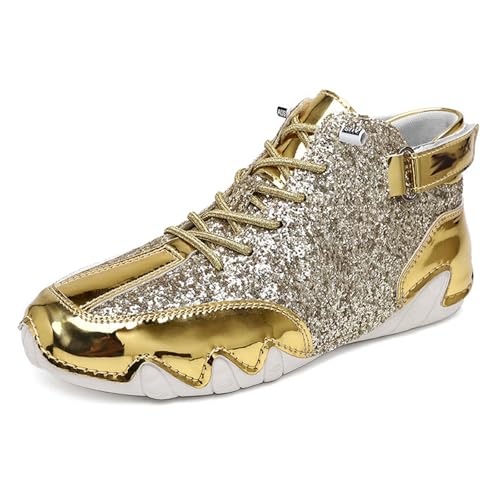 HNEOWGN Women's High Top Glitter Sparkly Sneakers,Lightweight Comfort Non-Slip Patent Leather Fashion Casual Barefoot Sport Shoes (12.5,Gold)
