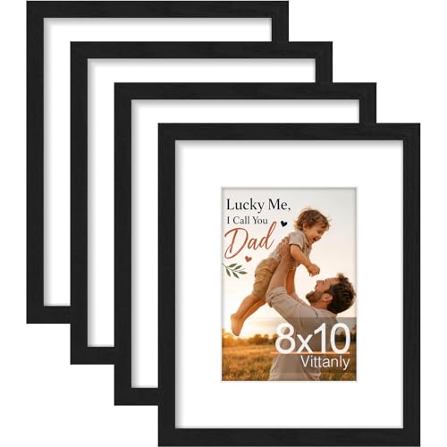 Vittanly 8X10 Picture Frame Set Of 4, Display Pictures 5X7 With Mat Or 8X10 Without Mat, Engineered Wood With Shatter Resistant Plexiglass, Wall Gallery Photo Frames For Wall Or Tabletop, Black