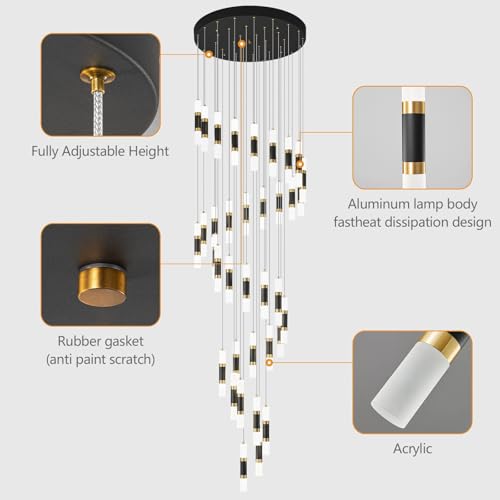 Image of 36-Light Modern Chandeliers for Entryway Ceiling Pendant Light Dimmable LED 216W Staircase Large Chandelier Lobby Living Room Foyer High Ceiling Chandelier (Black Gold)