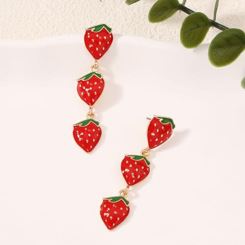 Image of Cute Strawberry Stud Earrings Fruits Small Stud Earrings Red Enamel Lifelike Strawberry Earrings Summer Birthday Jewelry Gifts for Girls