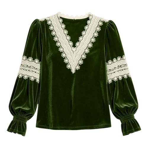Velvet Tops for Women Dressy Long Sleeve Lace V Neck Blouse Army Green - image 4