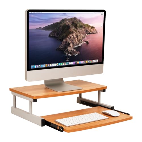Mind Reader Monitor Stand, Sliding Keyboard Drawer, Laptop, Riser, Office, Wood/Metal, 20"L x 14.75"W x 5.9"H, Brown, Silver