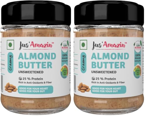Image of Jus' Amazin Creamy Almond Butter - Unsweetened (125 g) | 25% Protein | Only Pure Whole Almonds | Zero Additives /Chemicals |Plant Based, Dairy Free, Keto | Clean Nutrition, 0% Chemicals (Pack of 2)