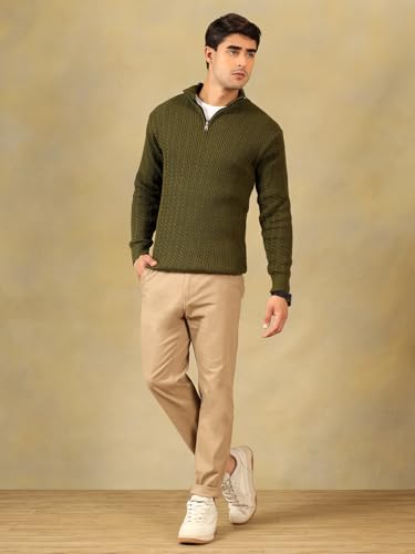Image of Kvetoo Men's Full Sleeve High Neck Zipper Sweater| Warm Cable Knit Quarter Zip Pullover | Wool Winter Sweater for Casual & Office Wear