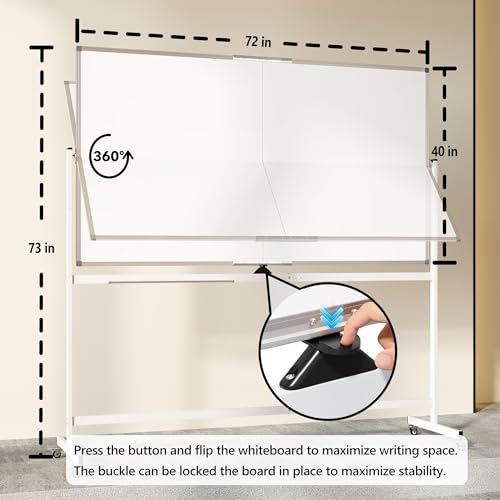Image of Large Rolling Whiteboard on Wheels, 72 inch x 40 inch Double-Sided Mobile White Board with Stand, Portable Standing Magnetic Dry Erase Board Easel for Home Office Classroom School, Silver