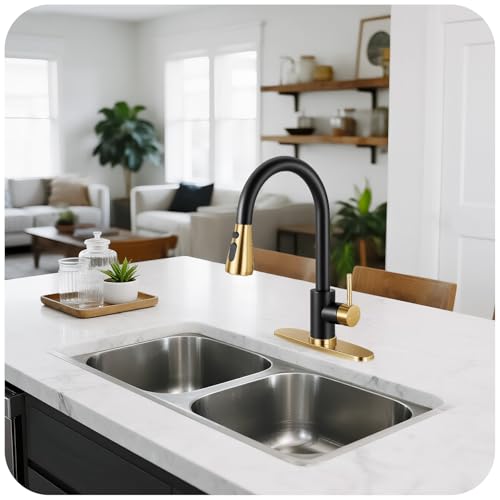 Image of Black & Gold Kitchen Faucet with Pull Down Sprayer and Deck Plate | SUS 304 Stainless Steel, Single Handle, 3 Spray Modes, 360 Swivel Spout, RV Laundry Bar Sink, Deck Plate, NSF372 NSF61 cUPC