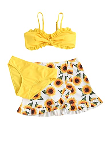 Oyoangle Girl's 3 Piece Floral Print Twist Front Frill Trim Bikini Swimsuit With Beach Skirt Yellow 160 #TOP7