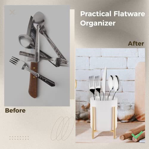 Varku 2Pcs Sturdy Cutlery Holders, White Ceramic Cup With Golden Metal Bracket, Robust Silverware Caddy, Round Utensil Crock For Countertop, Desktop Flatware Organizer For Kitchen #TOP2