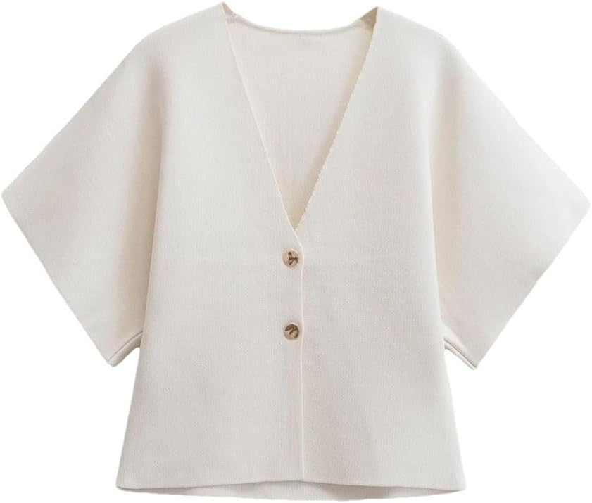 Women's Short Sleeve V Neck Knitted Top Fashion Casual Button Down Shirt Office Work Blouses