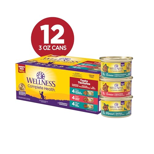 Image of Wellness Complete Health Gravy and Minced Variety Pack Adult Canned Wet Cat Food, Natural, Protein Rich, Grain Free, Salmon, Tuna, and Chicken Recipes, 3 oz, Pack of 12 Cans