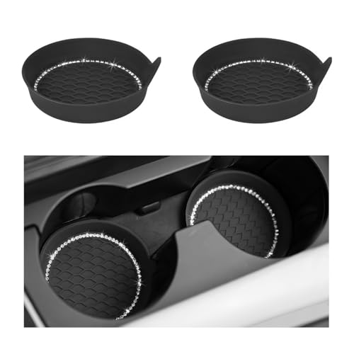 NYTKL 2 PCS Bling Car Cup Coaster, Crystal Rhinestone Cup Holder Insert for Car Interior Decoration, Non Slip Shockproof Silicon Sparkly Drink Met Universal for Most Vehicles (Black)