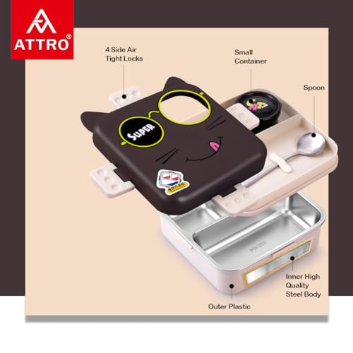 Image of ATTRO Carnival Super Cat Lunch Box 2 Layer Stainless Steel Lunch Box Comes with 1 Detachable Tray, 1 Small Container & 1 Spoon Ideal for Kids BPA Free 1120ml+70ml- Grey
