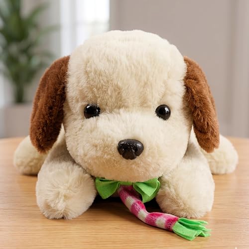 Image of Tickles Laying Puppy Dog with Muffler Soft Stuffed Plush Animal Toy for Kids (Color: Brown & White Size: 45 cm)