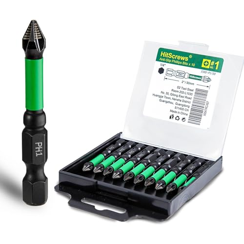 HitScrews PH1 Anti-Slip Screwdriver Bits - 2' Phillips Impact Driver Bits #1, 2025 New Laser-Etched Design, Impact-Resistant S2 Tool Steel, Magnetic Tip, 10-Pack for High Torque & Precision Work