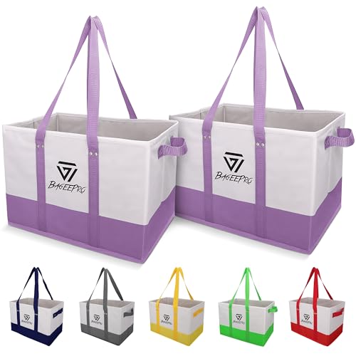 BageePro 2Pack Collapsible Tote Bags | Reusable Grocery Bag | Foldable Heavy Duty Shopping Bags with Handles for Food, Storage, and Groceries | Large Utility Tote Organizer | Light Violet
