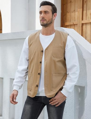 Gihuo Men's Travel Vest Casual Outdoor Multi-Pocket V-Neck Button Cotton Workwear Vest3