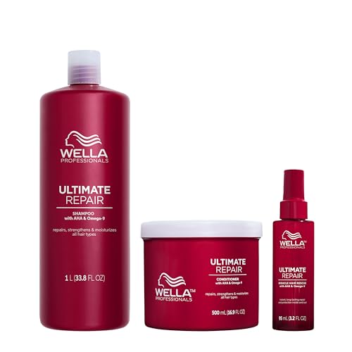 Wella Professionals Repair and Rebuild Professional Hair Care Regime for All Types of Hair Damage, Ultimate Repair Shampoo 1L, Conditioner 500ml and Miracle Hair Rescue Spray 95ml Bundle